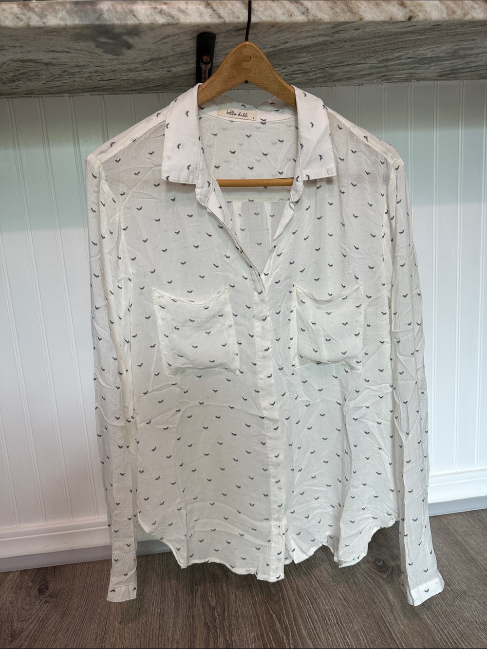 Bella Dahl Ivory Top Button-Down Shirt with Black Micro Print Lightweight